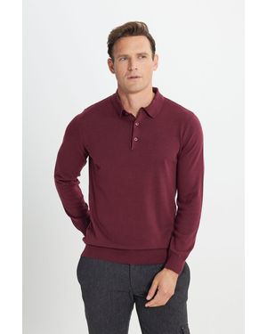 ALTINYILDIZ CLASSICS Weinroter Strickpullover Mit Standard-Passform Und Polokragen Im Regulären Schnitt Für Herren