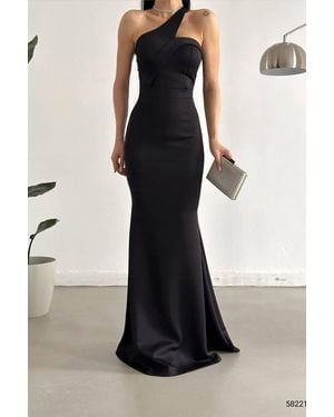 Deafox Schwarzes Abendkleid Aus Scuba-Stoff Mit Gekreuzten Kragen Und Trägern Für Damen
