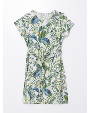 LC Waikiki Gemustertes, Kurzärmliges Kleid Mit Rundhalsausschnitt Für Damen - Grün