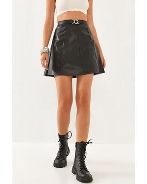 Bianco Lucci Lederrock Mit Gürtel Und Grasdetail Für Damen - Schwarz