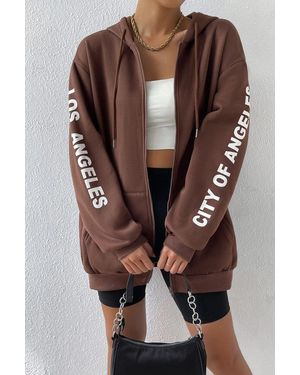 MODAGEN Cardigan Mit Braunen Ärmeln, Los Angeles-Print Und Detaillierter Kapuze Für Damen