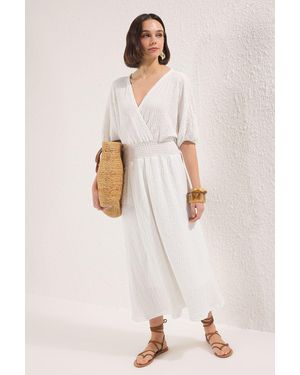 Trendyol Gefüttertes V-Ausschnitt-Maxikleid Mit Zweireihigen Fledermausärmeln Und Taille Twoss25El00830 Für Damen - Natur