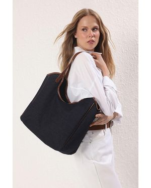 Trendyol Marineblaue Kontrast-Denim-Maxi-Tote-Shopper-Umhängetasche Für Damen