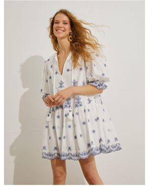 Koton Geblümtes Minikleid Mit Bindedetail Am Kragen Und Ballonärmeln Für Damen - Weiß