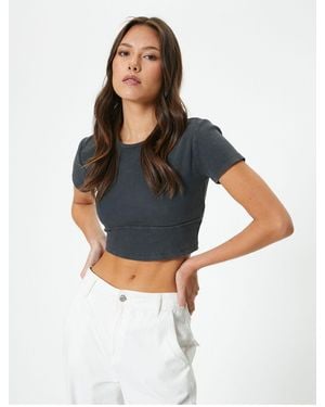 Koton Crop T-Shirt Kurzarm Rundhalsausschnitt Gerippt Für Damen - Grau