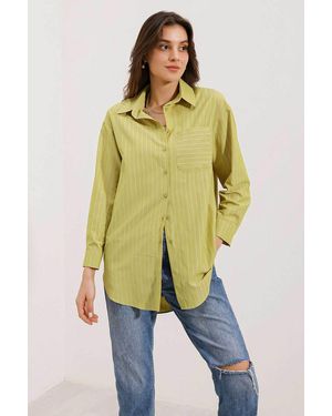 Bigdart 20217 Gestreiftes Oversize-Hemd Mit Taschendetail Für Damen - Grün