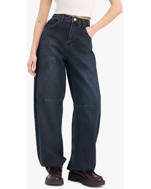 Defacto Baggy Fit Hohe Taille Lange Jeanshose Für Damen - Blau