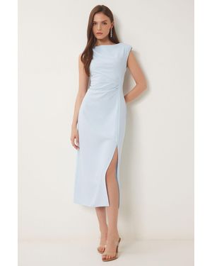 Happiness İstanbul Himmelblaues, Wattiertes, Drapiertes Midi-Webkleid Für Damen - Weiß