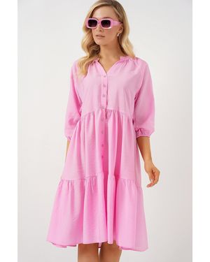 Bigdart Geknöpftes Kurzarmkleid 2559 Rosa Für Damen - Pink