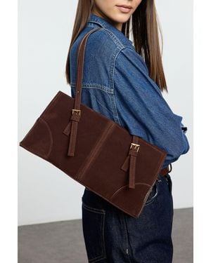Trendyol Dunkelbraune Umhängetasche Aus Wildleder Mit Druckknopfverschluss Für Damen - Blau