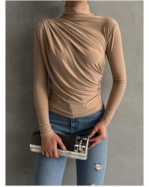 BEJNA Nerzfarbene Sandy-Bluse Mit Kordelzug Und Stehkragen Für Damen - Braun