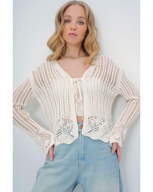 Trend Alaçatı Stili Durchbrochene Strickjacke - Weiß