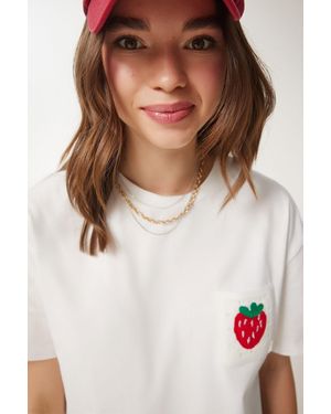 Happiness İstanbul T-Shirt Aus Baumwolle Mit Taschen Und Erdbeerstickerei - Weiß