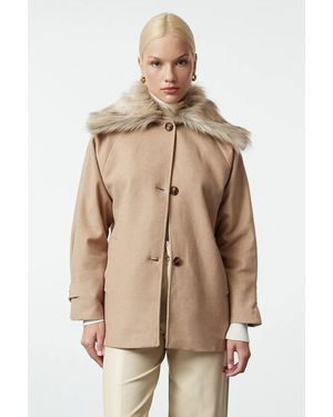 Trendyol Beiger Midi-Wollmantel Abnehmbarer Kragen Und Pelzdetail Twoaw25Kb00070 Für Damen - Natur