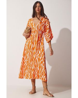 Happiness İstanbul Orangefarbenes, Langes Viskose-Sommerkleid Mit Tiefem V-Ausschnitt Für Damen