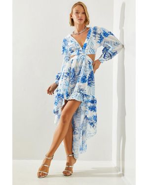 Bianco Lucci Kleid Mit V-Ausschnitt Und Print – Vorne Kurz, Hinten Lang Und Tiefer Ausschnitt 22273 Für Damen - Blau