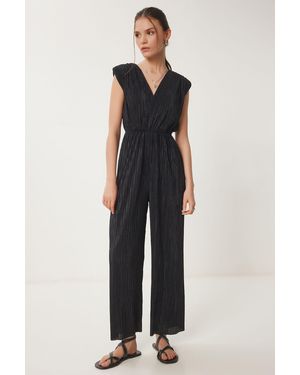 Happiness İstanbul Schwarzer, Wattierter, Plissierter Strickoverall Für Damen - Blau