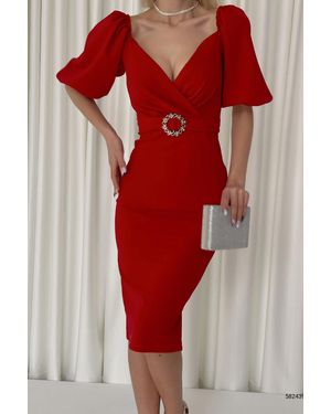Deafox Rotes, Kurzärmliges Kleid Aus Kreppstoff Mit Gürtel Für Damen