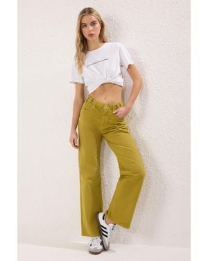 Trendyol Ölgrüne Hose Mit Hoher Taille Und Weitem Bein Und Detaillierter Taille Für Damen - Gelb