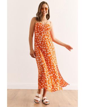 Olalook Orangefarbenes Kleid Aus Gewebter Viskose Mit Verstellbarem Träger Vorne Für Damen