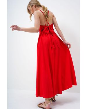 Trend Alaçatı Stili Rotes Sommerkleid Mit Seilriemen Und Schnürung Auf Der Rückseite, Maxi-Länge Für Damen