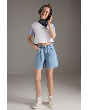 Trendyol Blaue Plissierte Denim-Bermuda Mit Hoher Taille Für Damen - Grau