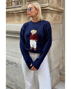 Swist Marineblauer, Mit Bären Bestickter Strickpullover Mit Rundhalsausschnitt Für Damen