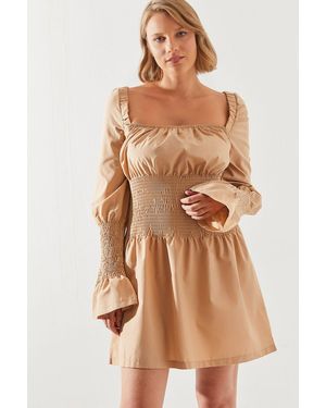 Bianco Lucci Minikleid – Quadratischer Kragen, Taille Und Ärmel, 21448 Für Damen - Natur