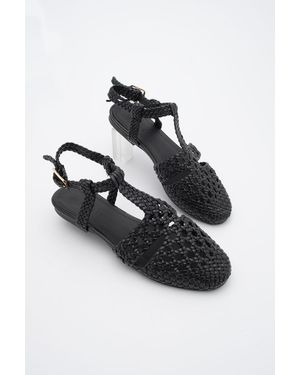 Marjin Ballerina Mit Knöchelriemen Und Offenem Rücken, Handgestrickt, Zervin Für Damen - Schwarz