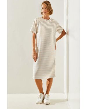 Bianco Lucci Modell Gestreiftes Seersucker-Kleid Für Damen - Natur