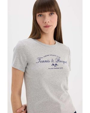 Defacto Bedrucktes, Geripptes Kurzarm-T-Shirt Mit Normaler Passform Und Rundhalsausschnitt Für Damen - Grau