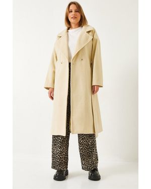 Bianco Lucci Langer Gemusterter Mantel Mit Gürtel 38121 Für Damen - Natur
