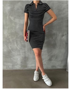 BEJNA Schwarzes, Flexibles Strickkleid Mit Streifen Und Polokragen Für Damen - Grau
