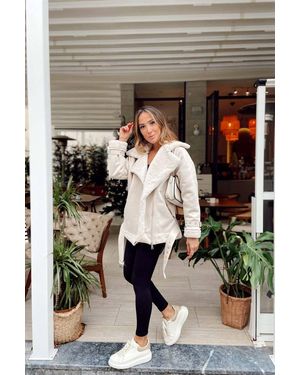 Afiş Butik Wildledermantel – Mit Fell Innen Und Gürtel Für Damen - Natur