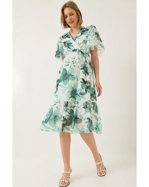 Bianco Lucci Chiffonkleid Mit Zweireihigem Ausschnitt, Elastischer Taille Und Gürtel, Gefüttert Und Gemustert Für Damen - Grün