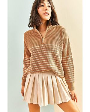 Bianco Lucci Gestreifter Strickpullover Mit Rollkragen Und Reißverschluss Für Damen - Braun
