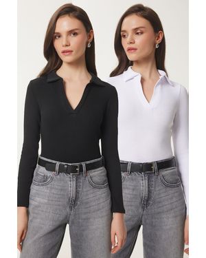 Happiness İstanbul 2-Teilige, Gerippte Strickbluse Mit Polokragen - Schwarz