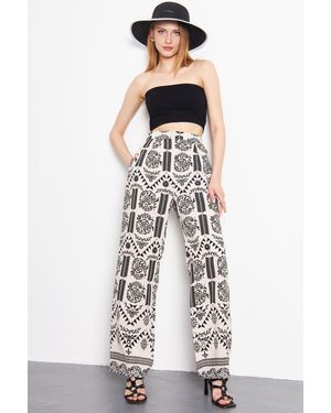 armonika Grau Gemusterte Palazzo-Hose Aus Leinen – Mit Taschen, Für Damen - Weiß