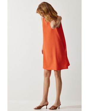 Happiness İstanbul Orangefarbenes Ärmelloses A-Linien-Kleid Aus Leinen-Viskose Für Damen