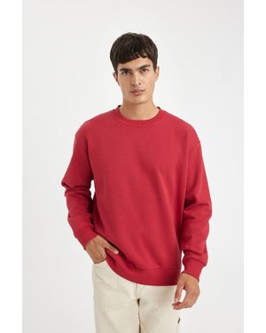 Defacto Übergroßes, Gerades, Dickes Basic-Sweatshirt Mit Rundhalsausschnitt T5139Az24Au Für Herren - Rot