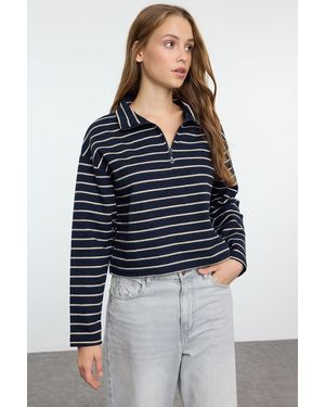 Trendyol Marineblau Gestreiftes Thessaloniki-Strick-Sweatshirt Mit Stehkragen Twoaw22Sw0732 Für Damen