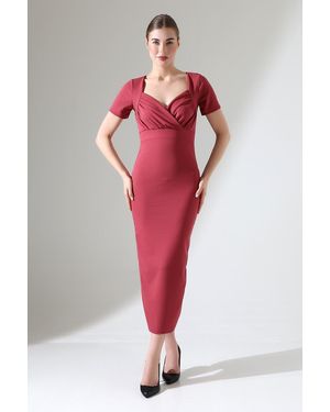 Deafox Dusty Rose Midikleid Mit Zweireihigem Ausschnitt Und Kurzen Ärmeln Aus Kreppstoff Für Damen - Rot