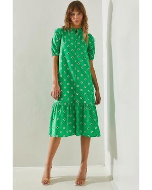Bianco Lucci Geknöpftes Kleid Mit Gänseblümchenmuster Mit Rüschenrock 3370 Für Damen - Grün