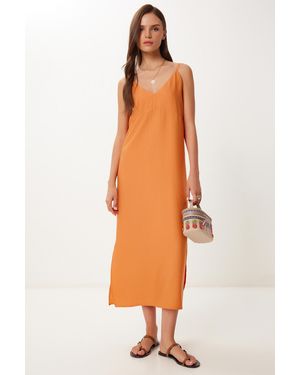 Happiness İstanbul Orangefarbenes Sommer-Midi-Crinkle-Kleid Für Damen