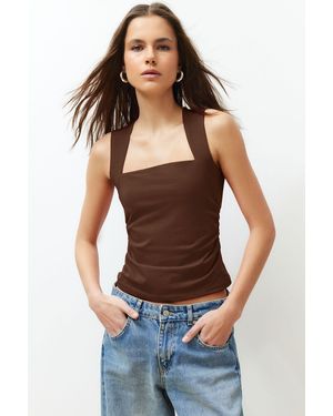 Trendyol Braune, Schlichte Strickbluse Mit Quadratischem Ausschnitt Und Kordelzug, Geschmeidige Strickbluse Für Damen - Blau