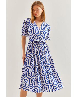 Bianco Lucci Kleid Mit Zweireihigem Kragen Und Elastischem Bund Und Gürtel Für Damen - Blau
