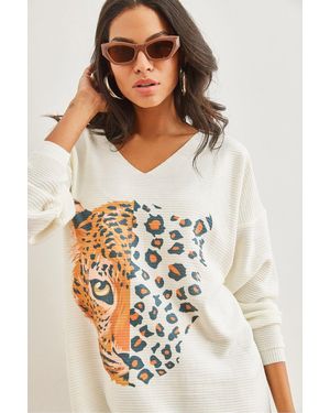 Olalook Tunika Mit Leoparden--Print Und Schlitz, Tnk- 19000099 Für Damen - Weiß