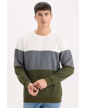 Defacto Farbblock-Jacquard-Sweatshirt Mit Normaler Passform Und Rundhalsausschnitt D5393Ax24Au Für Herren - Grün