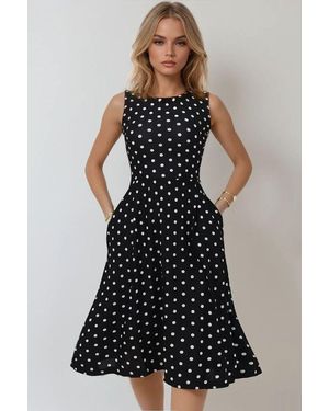 Trend Alaçatı Stili Schwarzes Midikleid Mit Rundhalsausschnitt Und Doppelter Tasche, Plissiert Und Gepunktet, Für Damen