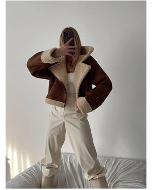 Afiş Butik Premium Innen Plüside Outside Suede Crop Coat Coat Für Damen - Braun